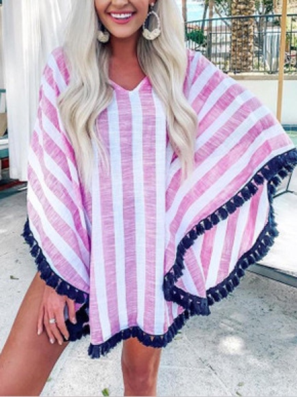 NWT! Mud Pie Pink & White Striped Fringe Poncho Cover Up OS
